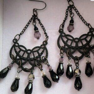 Gothic Black Gunmetal Chandelier Earrings, Crystal Bead Dangles